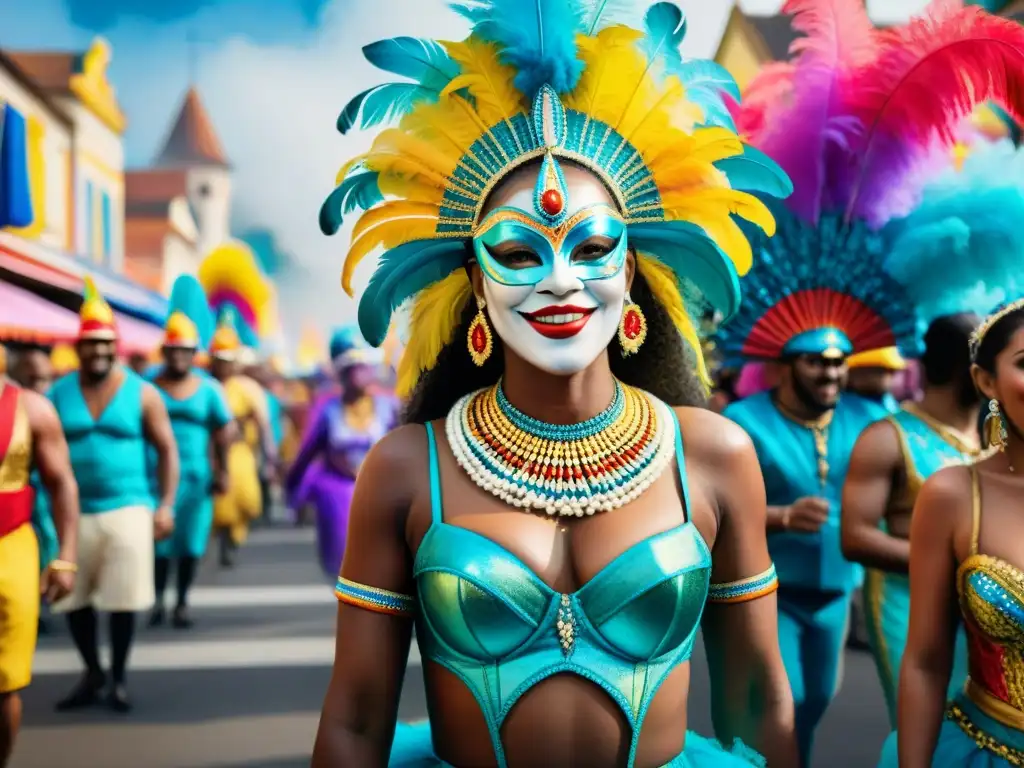 Carnaval inclusivo: diversidad y alegría en acuarela Una colorida celebración de Carnaval con inclusión y diversidad, donde personas con discapacidad participan alegres con trajes y máscaras