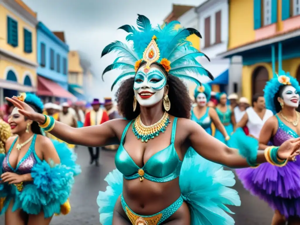 Carnaval inclusivo: Diversidad y alegría en Uruguay Una colorida celebración de Carnaval inclusivo en Uruguay con personas de todas las edades y culturas disfrutando juntas