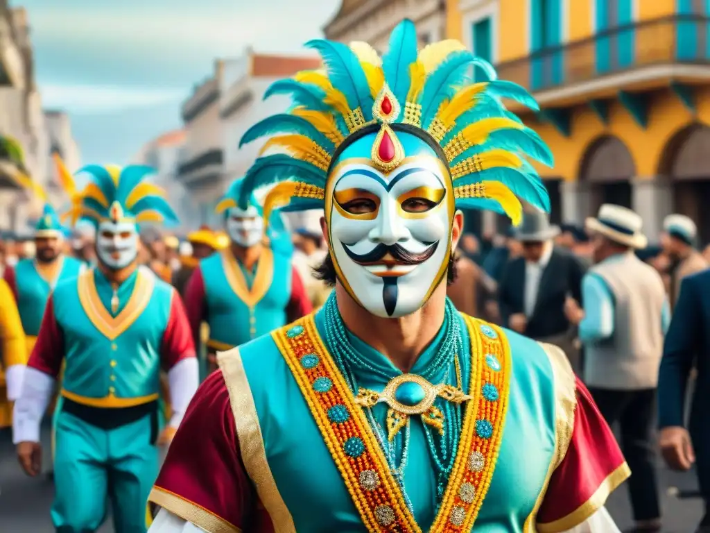 Deslumbrante Carnaval en Uruguay: colores, máscaras y alegría Una colorida celebración del Carnaval Uruguayo, con disfraces vibrantes y música animada en las calles