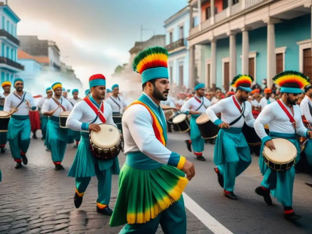 Desfile vibrante de candombe en Uruguay Colorida celebración de candombe en Uruguay, con músicos y bailarines en trajes vibrantes y ritmo tradicional uruguayo