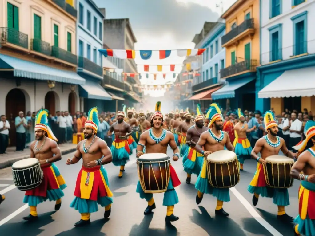Candombe en Uruguay: Vibrante desfile de tambores y coloridas banderas Colorida celebración de Candombe en Uruguay con tambores, banderas y espectadores bailando