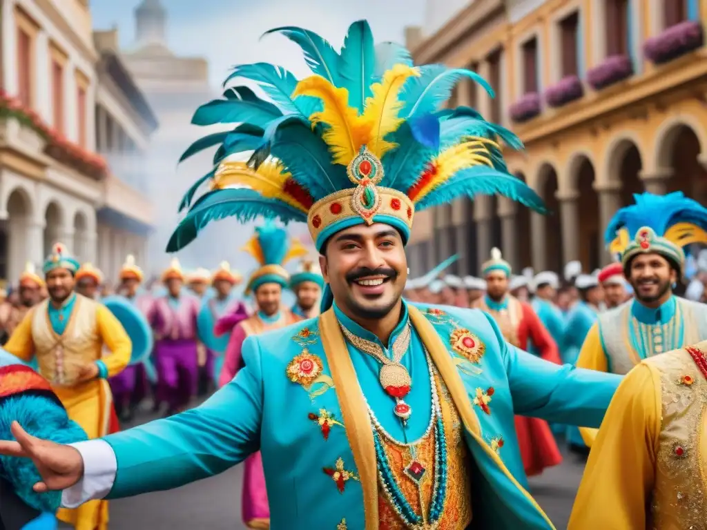 Desfile colorido en el Carnaval de Uruguay Colorida comida del Carnaval de Uruguay: desfile vibrante, gente diversa en trajes festivos, música tradicional y floats decorados