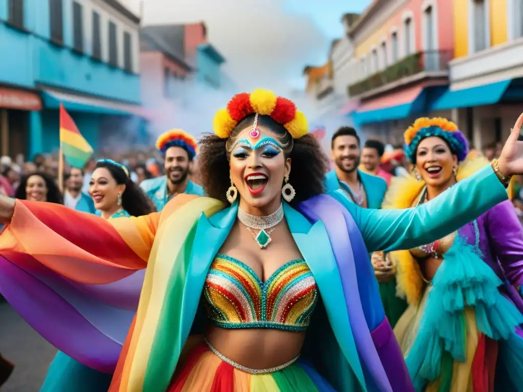 Desfile de Carnaval LGBT+ en Uruguay: diversidad y alegría Una colorida comparsa de Agrupaciones LGBT+ en Carnaval Uruguayo, desafiando normas con alegría y creatividad