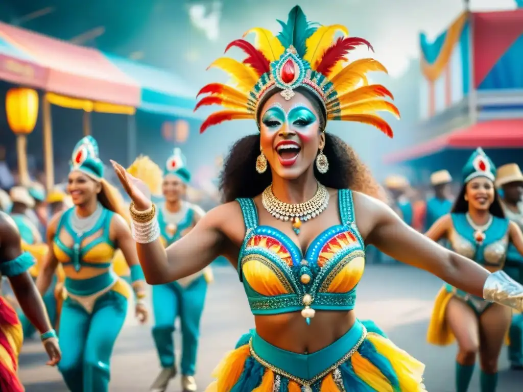 Una colorida comparsa de carnaval con inclusión de género en trajes festivos, celebrando con alegría y unión