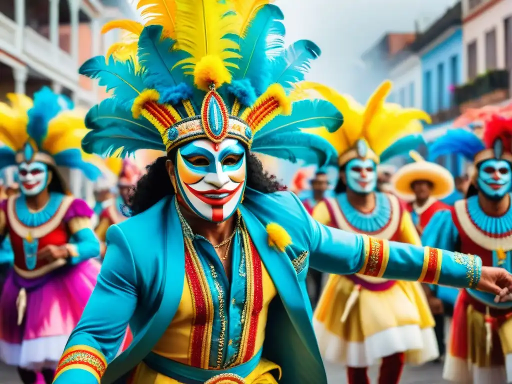 Deslumbrante comparsa de Carnaval en Uruguay Una colorida comparsa en el Carnaval Uruguayo muestra la importancia del Carnaval Uruguayo