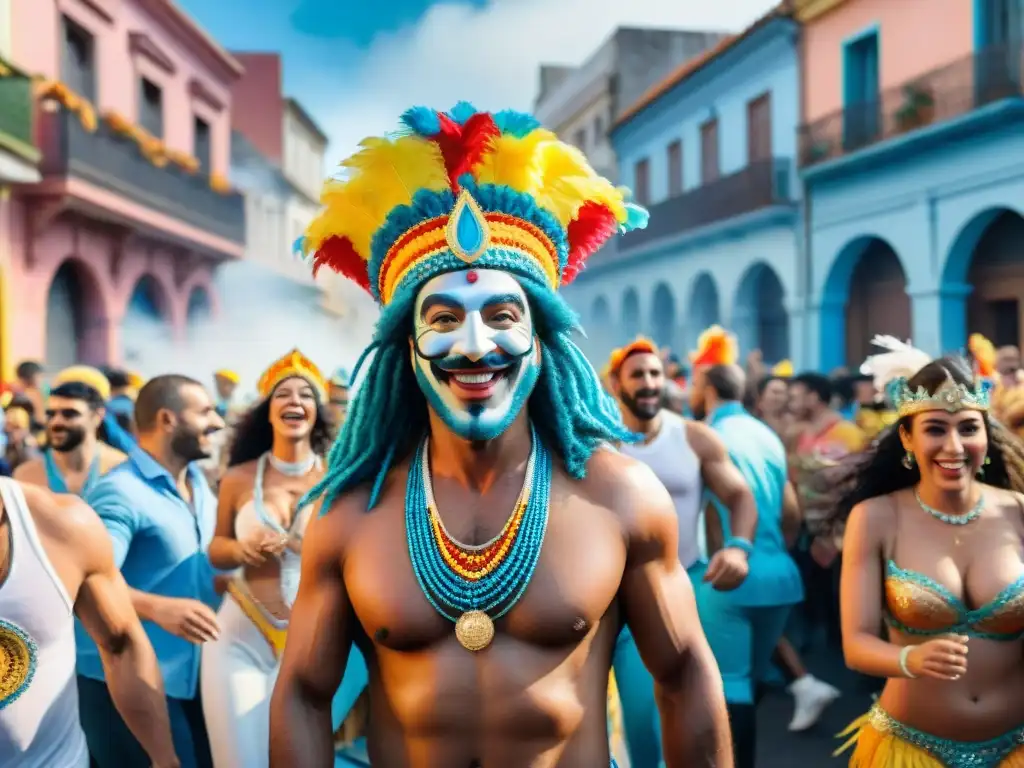Deslumbrante Carnaval en Uruguay: comparsas vibrantes y coloridas Colorida comparsa del Carnaval Uruguayo celebrando la preservación de tradiciones