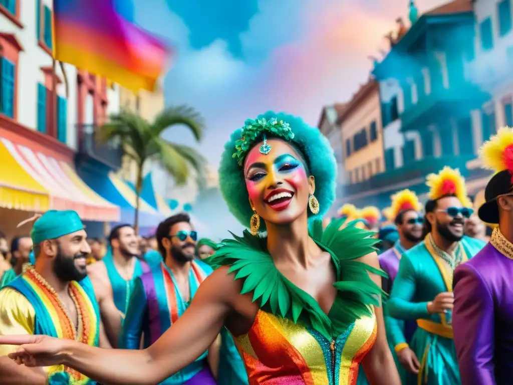 Carnaval Uruguayo: Celebración de diversidad y alegría Una colorida comparsa LGBT+ celebra la diversidad en el Carnaval Uruguayo, con trajes extravagantes y alegre baile