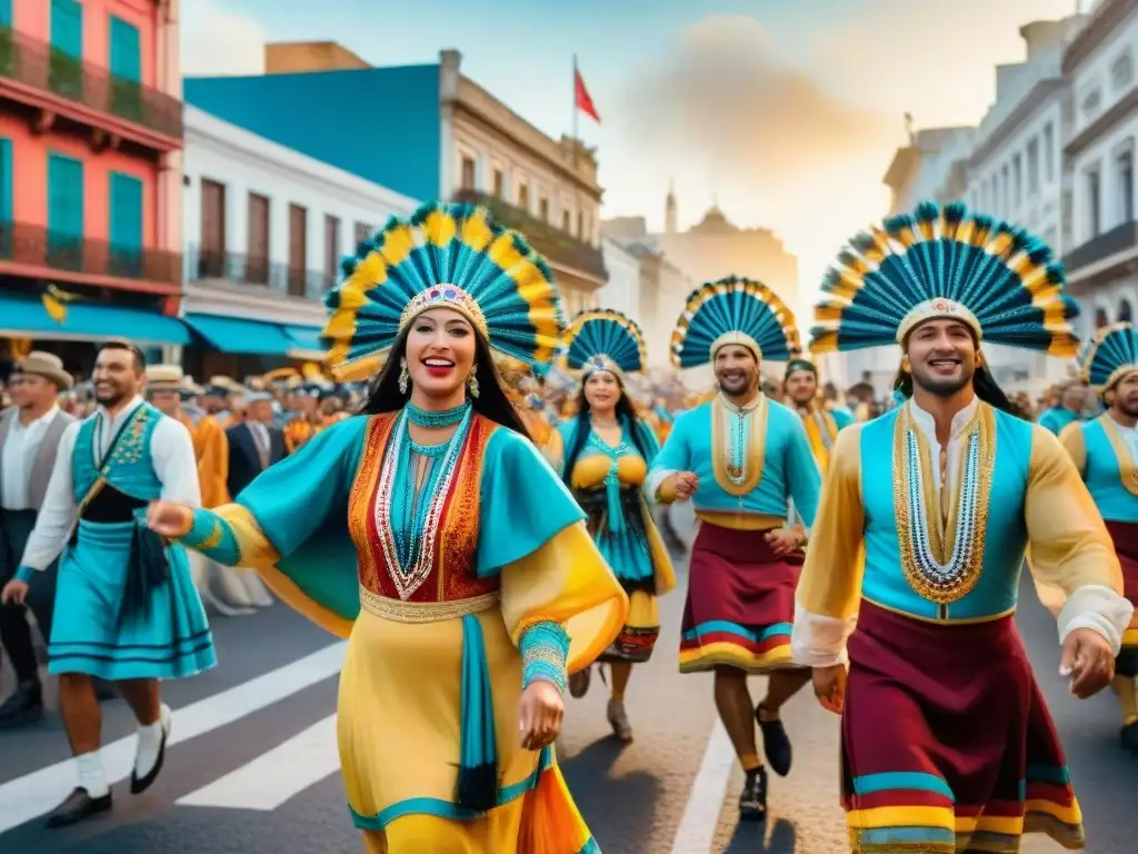 Comparsas tradicionales uruguayas: colorida celebración Una colorida comparsa uruguaya en un desfile vibrante, capturando la esencia de la celebración cultural y el impacto de la globalización