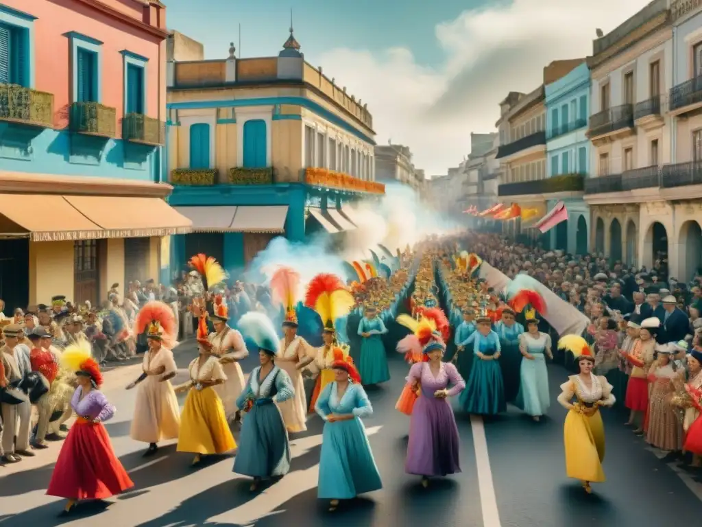 Desfile de Carnaval en Uruguay: ilustración acuarela detallada del siglo XX Una colorida evolución de las comparsas uruguayas en un vibrante desfile de carnaval del siglo XX