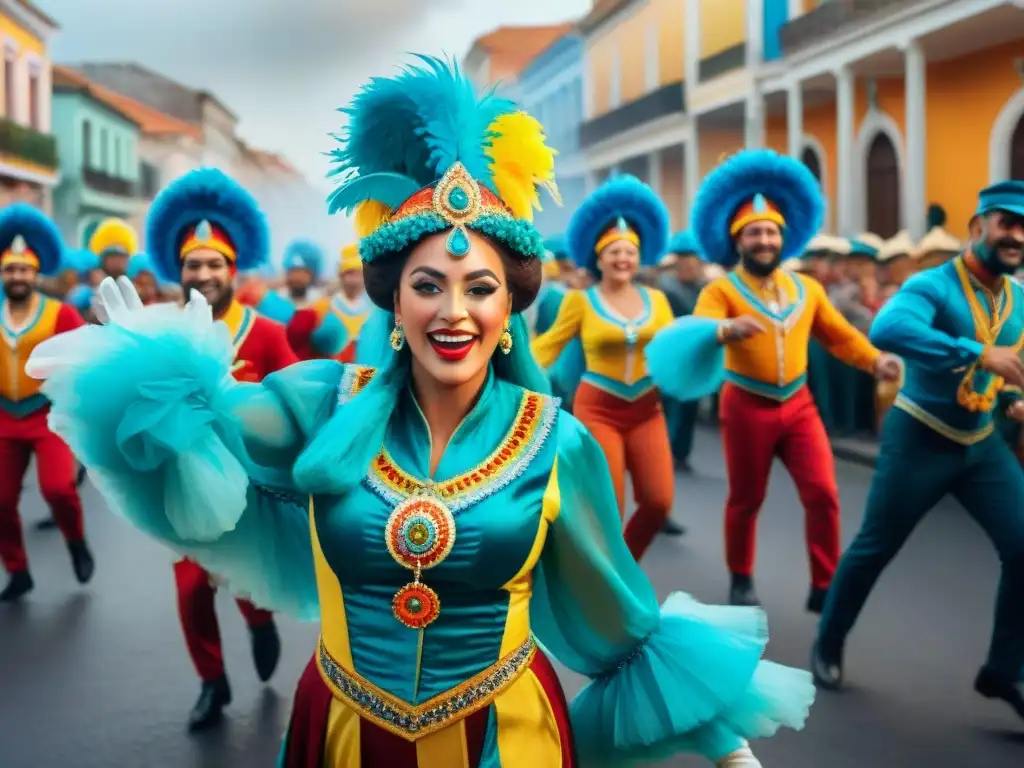 Vibrante Carnaval en Uruguay: Baile y Colorido Colorida danza de artistas en el Carnaval Uruguayo: salud y alegría en vibrante desfile