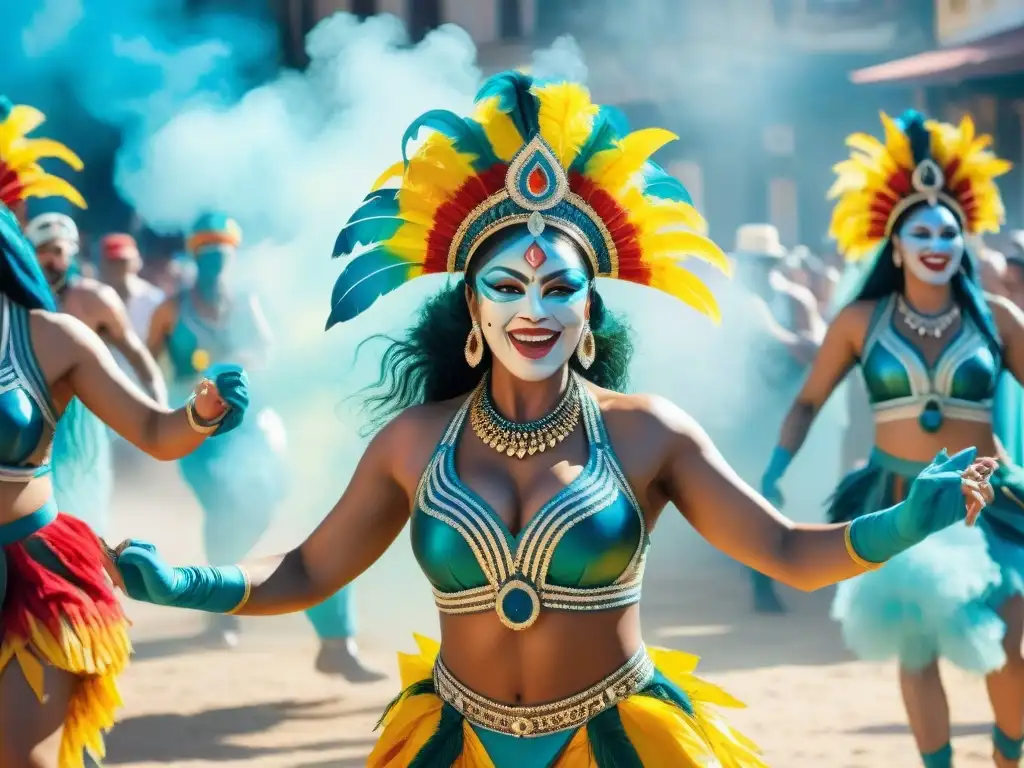 Intensa danza de Carnaval en Uruguay Colorida danza en Carnaval Uruguayo prevención deshidratación: vibrante y alegre escena de artistas bailando bajo el sol