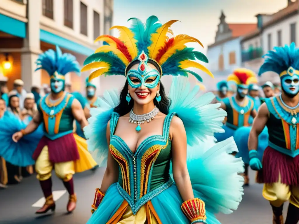 Deslumbrante desfile de carnaval en Uruguay: baile, color y alegría Colorida ilustración acuarela de desfile de Carnaval Uruguayo