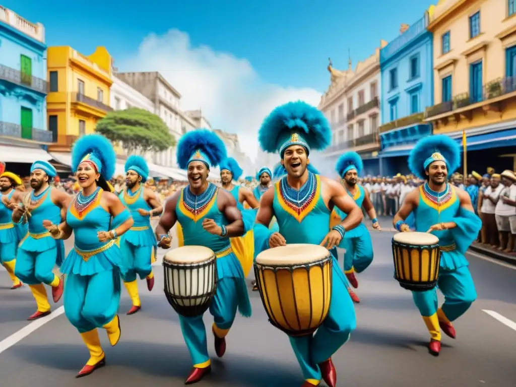 Desfile de Candombe: música, baile y color en Montevideo Una colorida ilustración detallada en acuarela de un vibrante desfile de Candombe en Montevideo, Uruguay