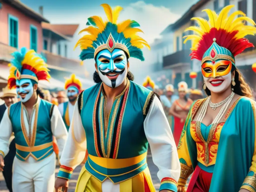 Pintura acuarela detallada del Carnaval en Uruguay Una colorida y detallada pintura acuarela del Carnaval Uruguayo, llena de alegría y vida por Serafín García