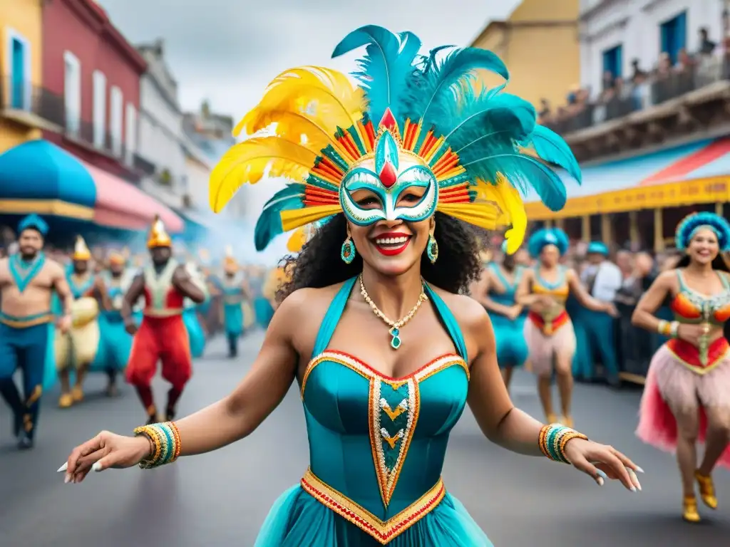 Carnaval en Uruguay: colores y alegría en la calle Una colorida fotografía documental del Carnaval Uruguayo con trajes vibrantes, máscaras intrincadas y bailarines alegres