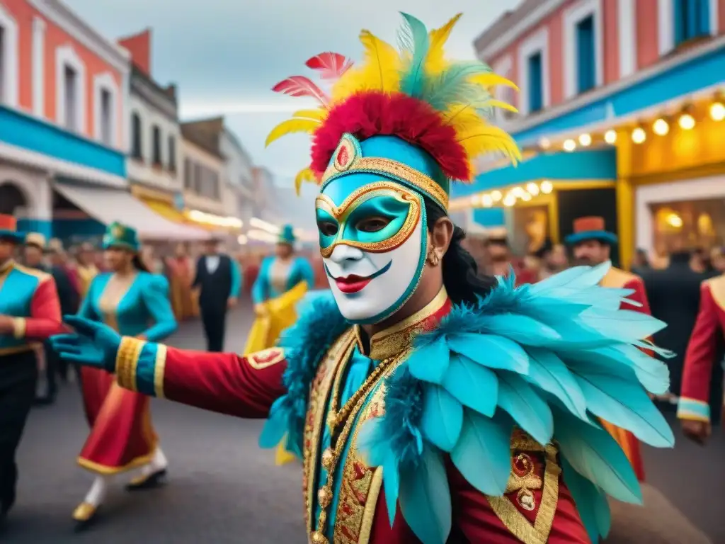 Carnaval en Uruguay: Baile y Colorido Una colorida escena callejera del Carnaval en Uruguay, con bailarines y multitudes