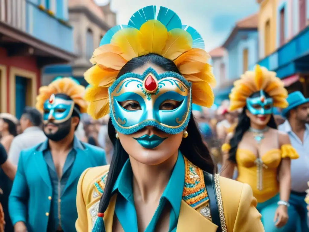 Carnaval en Uruguay: pintura acuarela de una bulliciosa calle festiva Una colorida escena callejera del Carnaval en Uruguay, con máscaras y disfraces vibrantes