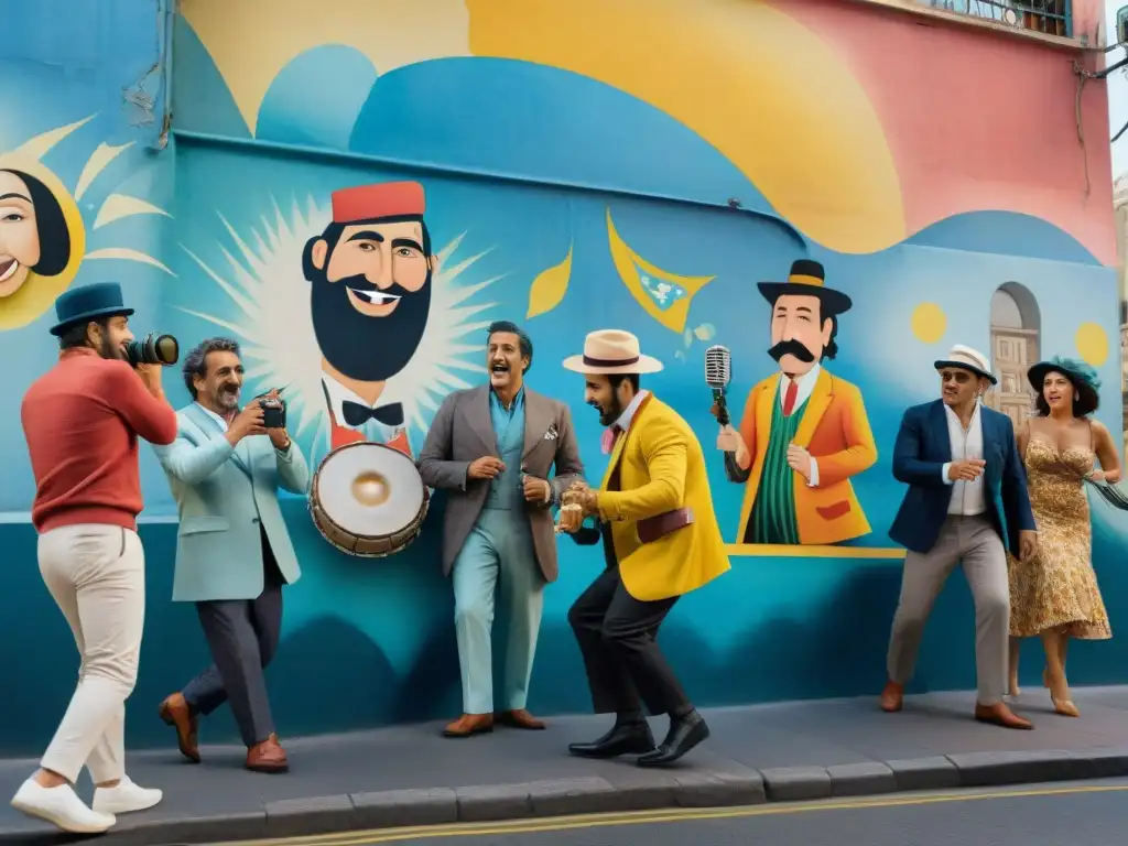 Escena callejera Montevideo: diversión y sátira en acuarela Una colorida ilustración acuarela de escena callejera en Montevideo, destacando el ingenio en parodias uruguayas