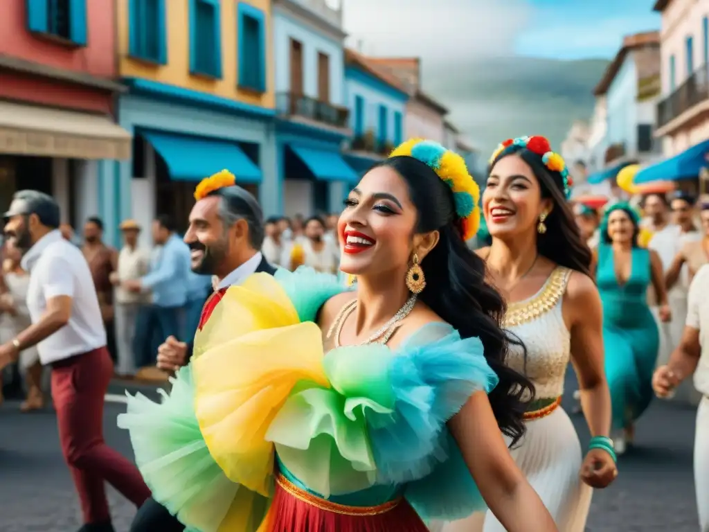 Baile alegre y colorido en el Carnaval de Uruguay Colorida escena de un Carnaval inclusivo en Uruguay: gente diversa bailando alegremente en la calle con trajes llamativos