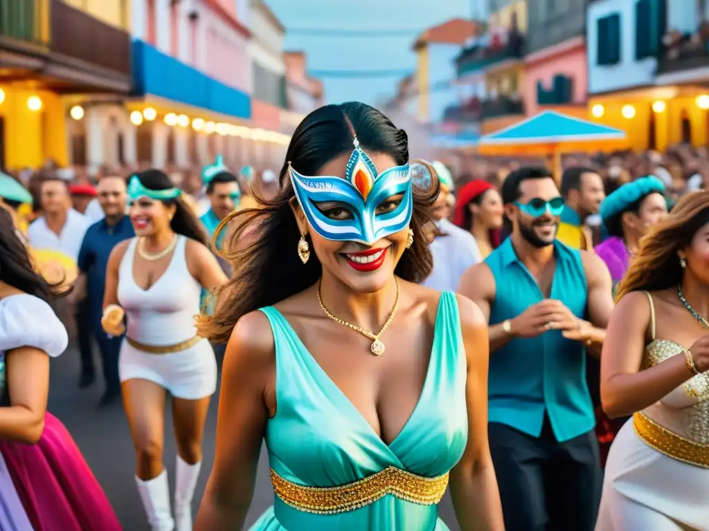 Fiesta multicultural en Carnaval de Uruguay Colorida ilustración acuarela de Lubolos y Comparsas bailando en Carnaval Uruguayo, reflejando diversidad cultural