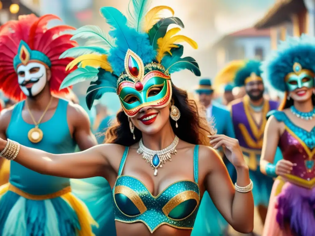 Colorida ilustración acuarela de máscaras y disfraces 3D Uruguay en el vibrante Carnaval, con plumas, lentejuelas y patrones detallados