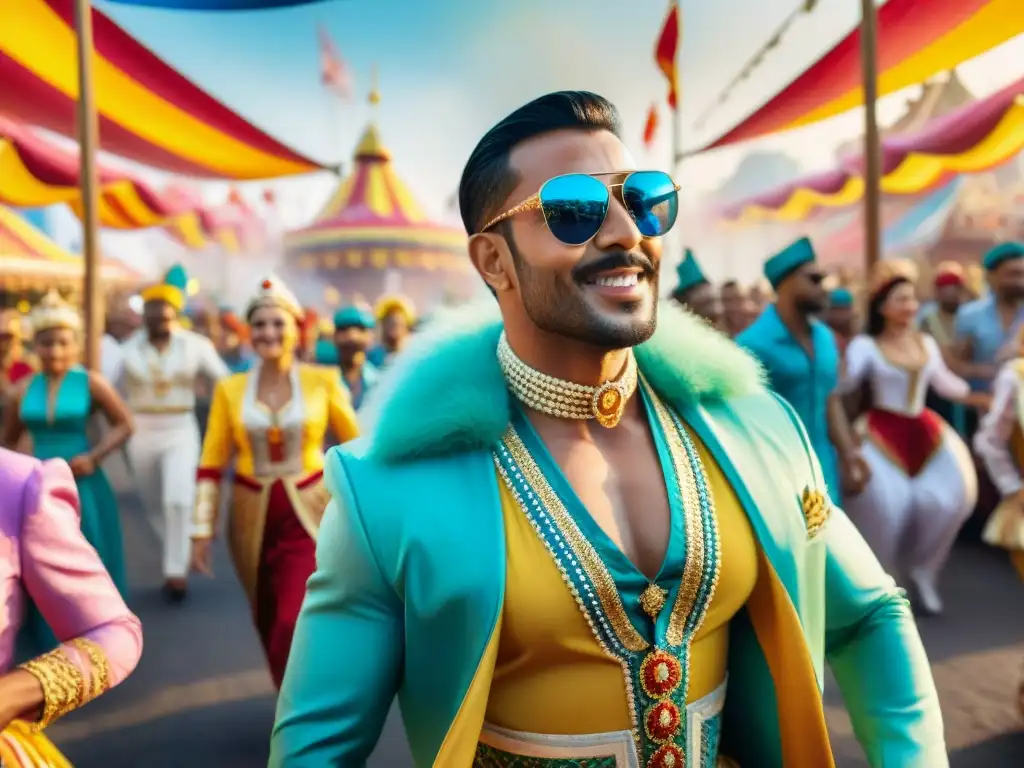 Vibrante murga de carnaval: pintura acuarela de calle bulliciosa Colorida murga en la calle, con personajes en trajes festivos y edificios ornamentados