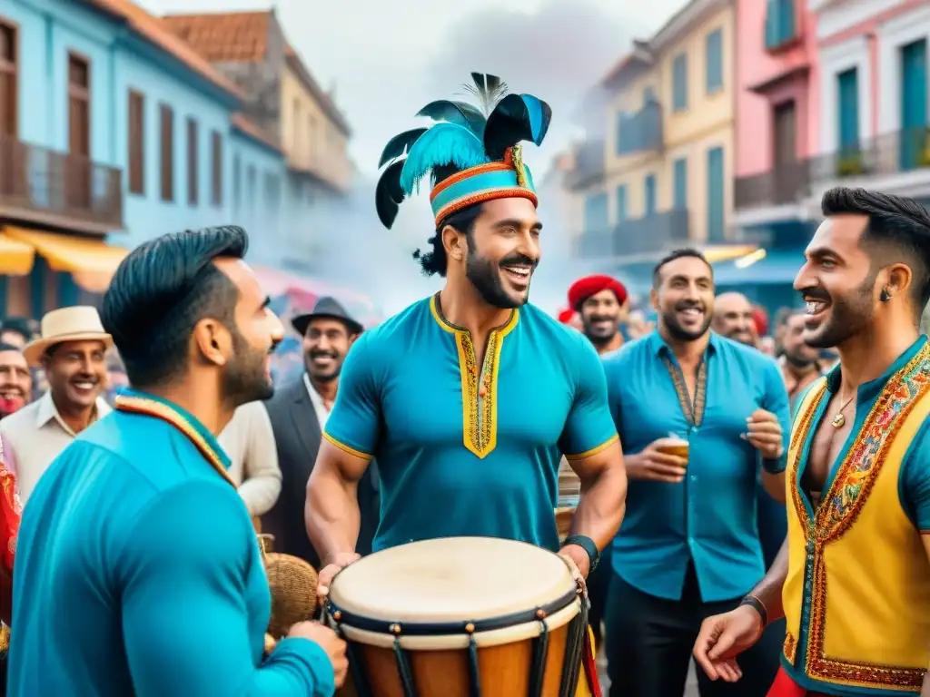 Murga en Carnaval: Colorida celebración en Uruguay Colorida ilustración acuarela de murga en carnaval Uruguay, murgueros cantando y tocando tambores, rodeados de espectadores