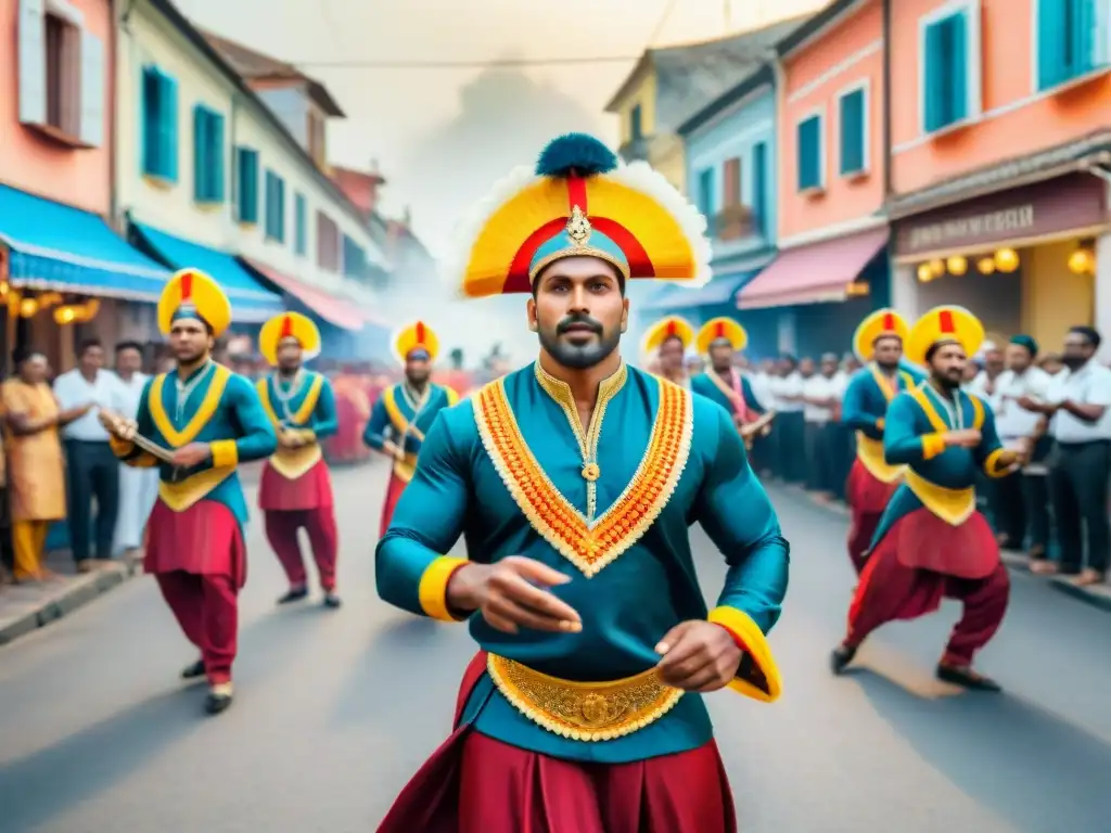 Murga tradicional en carnaval: fusión de tradición y tecnología Colorida murga en carnaval fusiona tradición y tecnología con smartphones