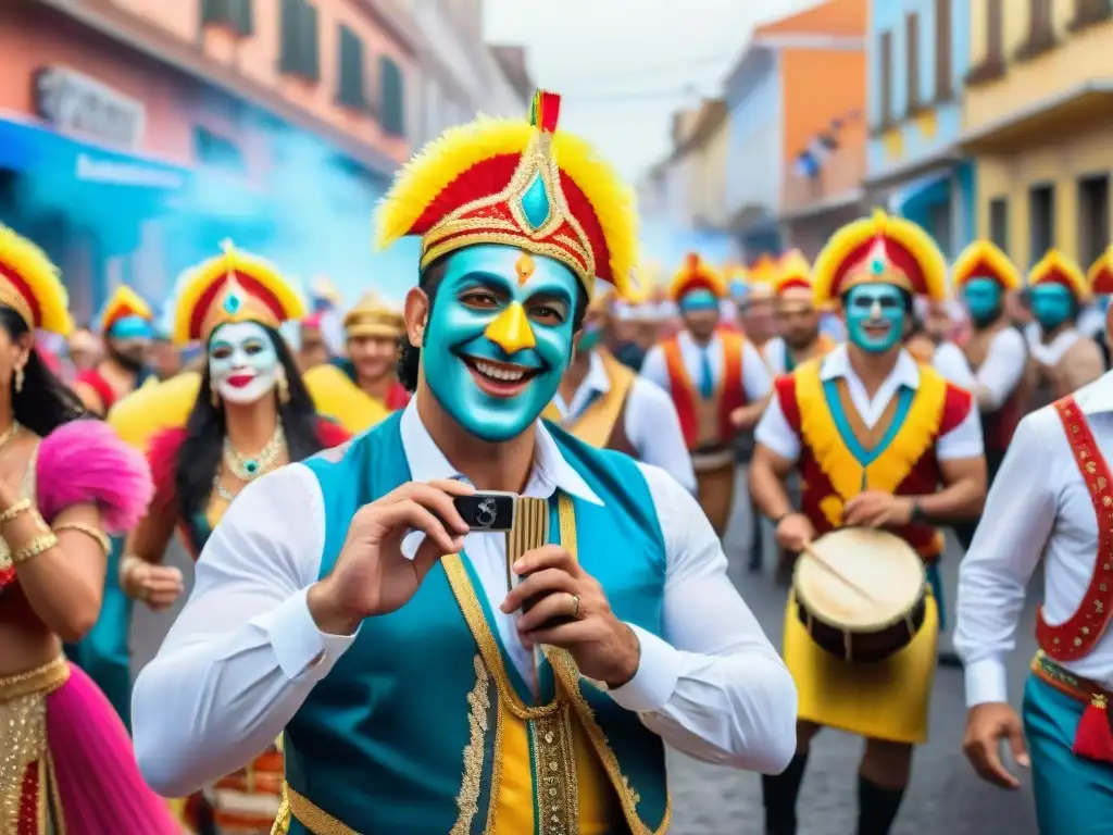 Colorida murga en Carnaval Uruguayo: tradición y tecnología Colorida murga del Carnaval Uruguayo con redes sociales y tradición de murgas