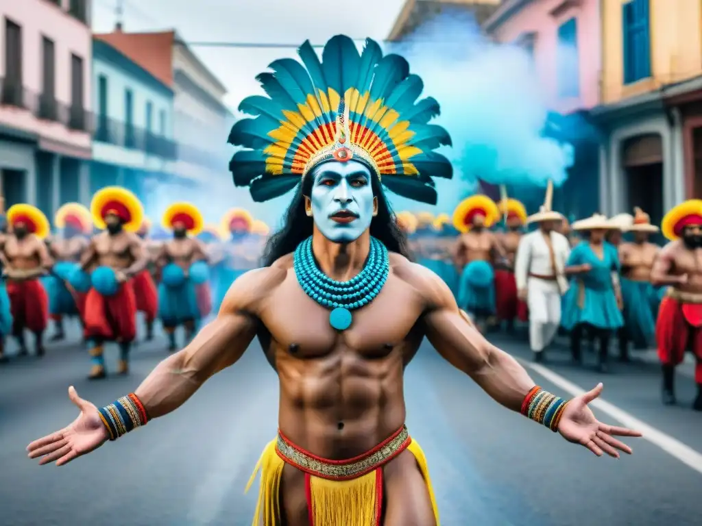 Desafiando la censura: vibrante murga en Uruguay Colorida murga uruguaya desafiando represión política con vibrantes trajes y espíritu de resistencia