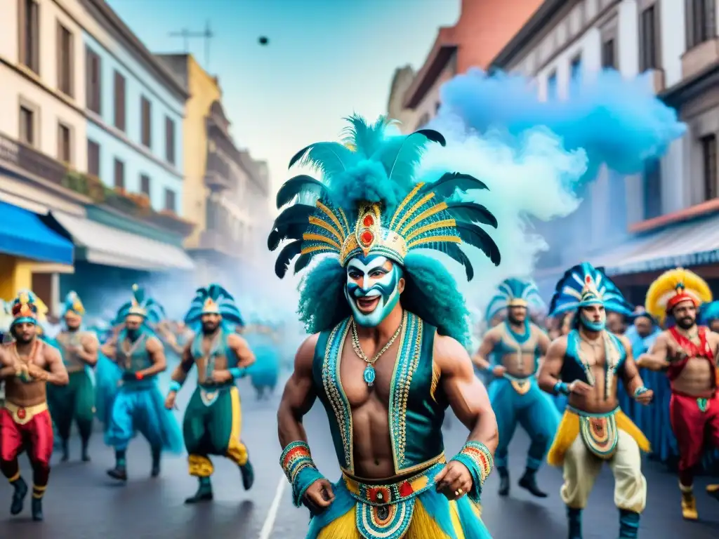 Innovación en tradición: Murga moderna en Carnaval Uruguayo Una colorida ilustración acuarela de murgas innovadoras en Carnaval Uruguayo