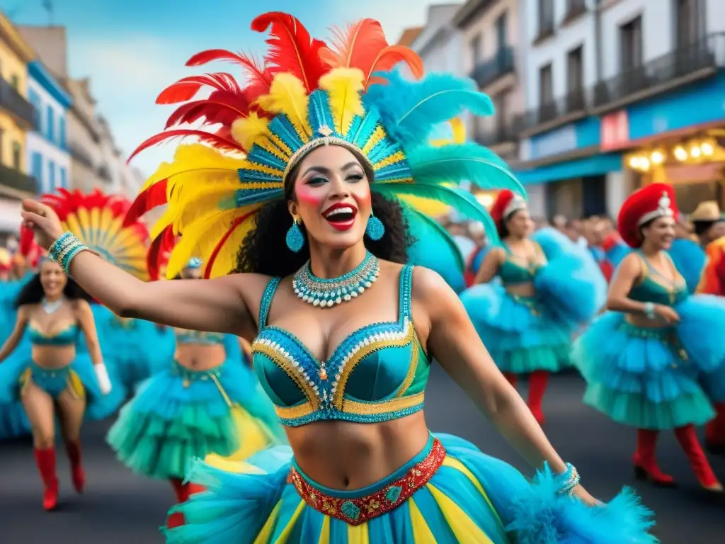 Carnaval de Uruguay: Explosión de color y alegría Una colorida narrativa del vibrante carnaval uruguayo, con bailarines, música y espectadores en un desfile festivo