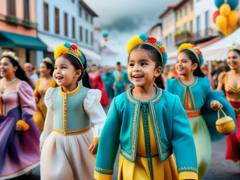 Carnaval Uruguayo: Desfile colorido de niños Colorida ilustración acuarela de niños desfilando en el Carnaval Uruguayo, reflejando la participación de los niños en la festividad