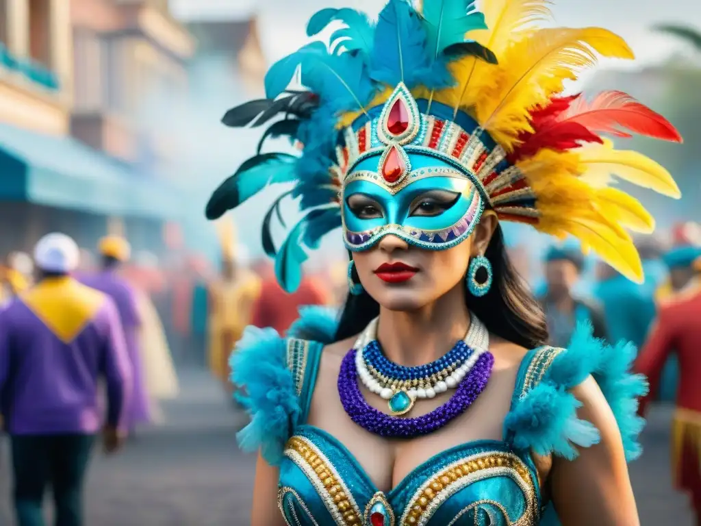 Carnaval de Uruguay: Deslumbrantes comparsas en acuarela Una colorida paleta de colores del Carnaval Uruguayo, con vibrantes trajes y máscaras en un desfile festivo