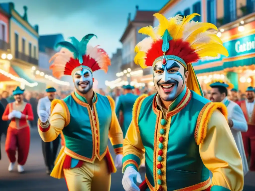 Deslumbrantes parodistas en el Carnaval Uruguayo Una colorida ilustración acuarela de parodistas uruguayos en el Carnaval, con trajes detallados y ambiente festivo