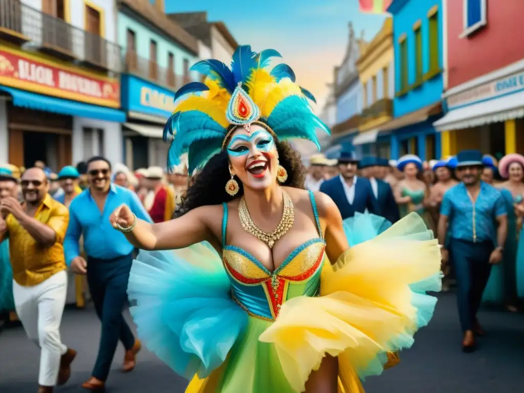 Pintura acuarela: Carnaval en Uruguay con parodistas Una colorida tradición de parodistas en Uruguay cobra vida en una pintura acuarela vibrante