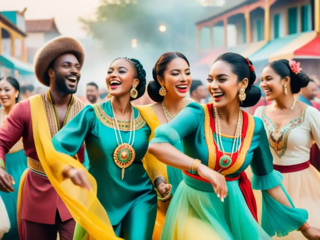 Carnaval multicultural: baile y diversidad en acuarela Colorida ilustración acuarela de personas de diferentes culturas bailando juntas en Carnaval