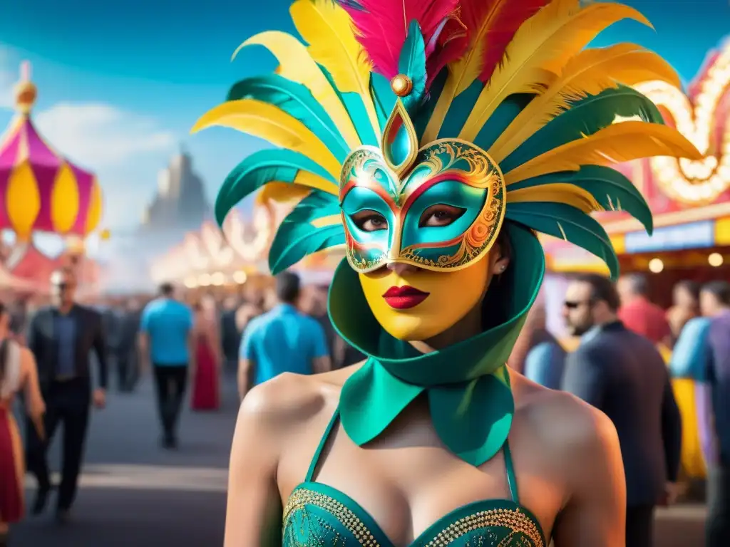 Una colorida ilustración acuarela de personas con máscaras y disfraces 3D en un vibrante carnaval en Uruguay
