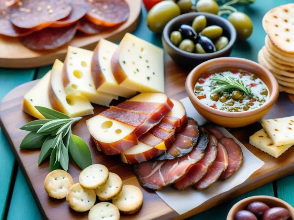 Picada uruguaya tradicional con Carnaval festivo Una colorida picada uruguaya en Carnaval, con embutidos, quesos y chimichurri