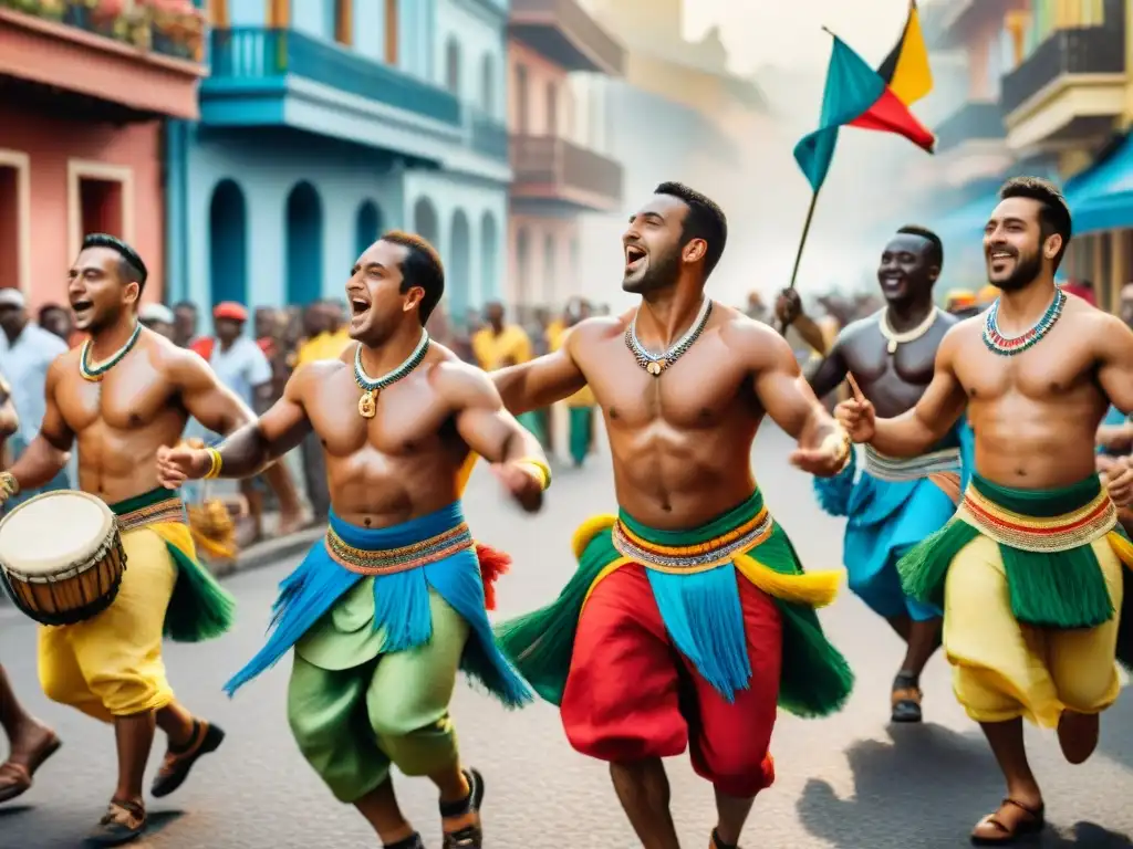 Colorida pintura acuarela de desfile de Candombe Colorida pintura acuarela de una animada comparsa de Candombe, resaltando la importancia de la preservación cultural