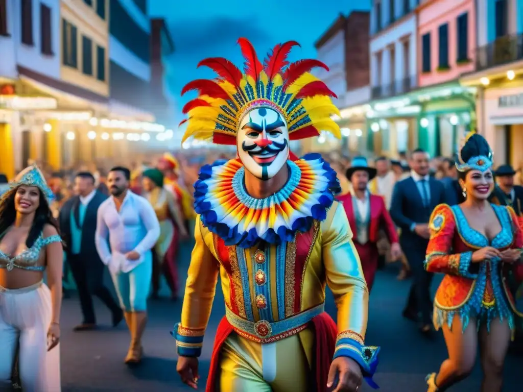 Carnaval en Uruguay: pintura acuarela vibrante y detallada Una colorida pintura acuarela que muestra la animada celebración del Carnaval en Uruguay, con detalles detallados y espectadores entusiastas