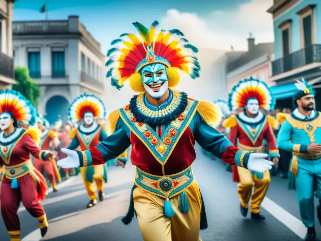 Carnaval en Uruguay: explosión de color y alegría Una colorida pintura acuarela que muestra un animado desfile de Carnaval en Uruguay, con detallados trajes, carros alegóricos y bailarines enérgicos