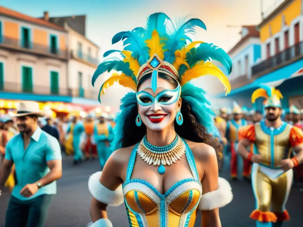 Carnaval uruguayo: energía y color en acuarela Una colorida pintura acuarela muestra un animado carnaval en Uruguay, con carros alegóricos, bailarines y espectadores