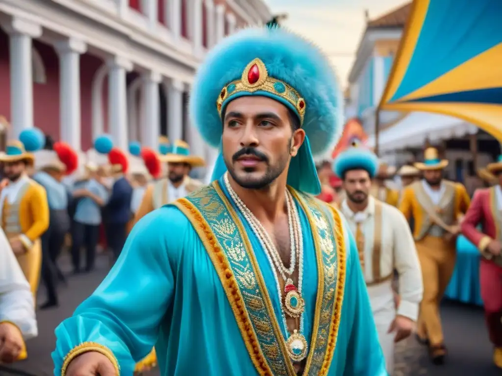 Carnaval de Uruguay: Calle colorida y festiva Colorida pintura acuarela del bullicioso Carnaval en Uruguay, reflejando el auge económico del evento con desfiles y bailes en las calles históricas