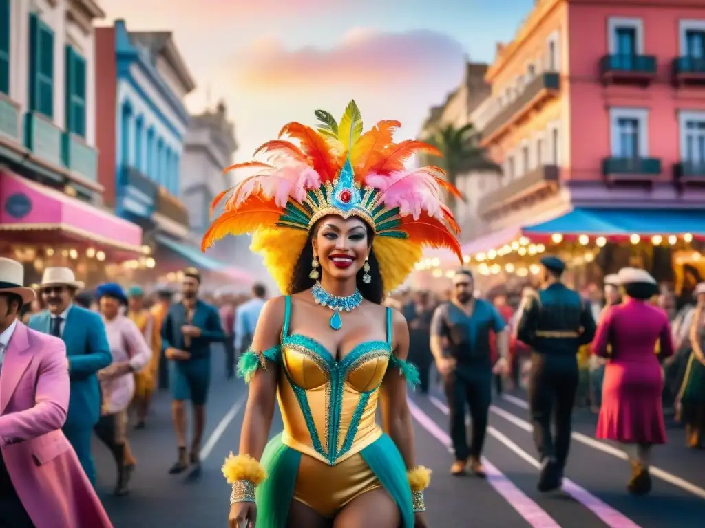 Caravana de Carnaval en Montevideo: Color y Alegría Colorida pintura acuarela de un bullicioso carnaval en Montevideo, Uruguay