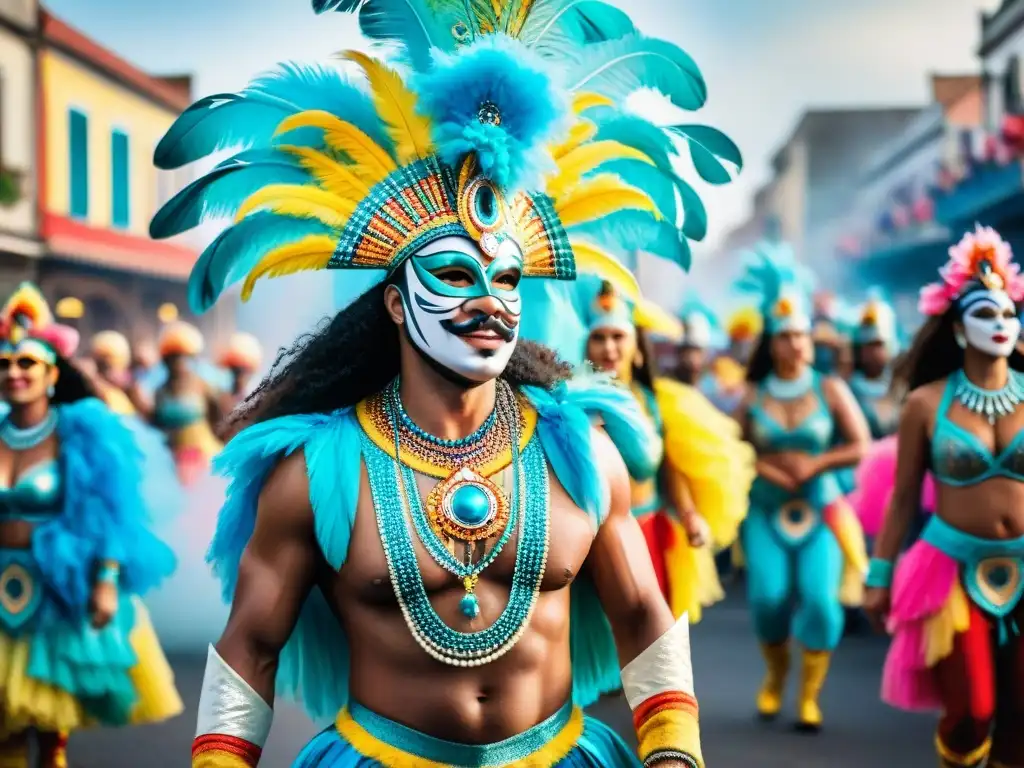Carnaval en Uruguay: Celebración vibrante y diversa Una colorida pintura acuarela del Carnaval en Uruguay, resaltando la visibilidad de minorías en Carnaval con trajes y máscaras vibrantes