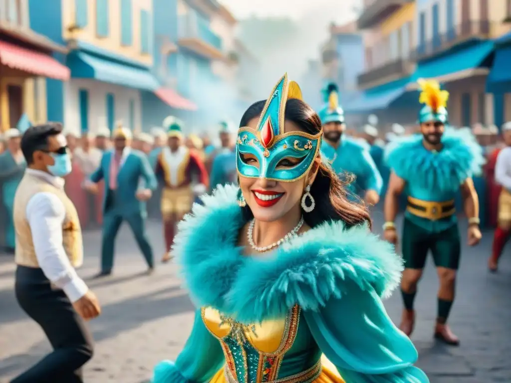 Escena vibrante del Carnaval Uruguayo: danzas, colores y máscaras Una colorida pintura acuarela del Carnaval Uruguayo, con trajes tradicionales, máscaras intrincadas, bailarines y espectadores animados