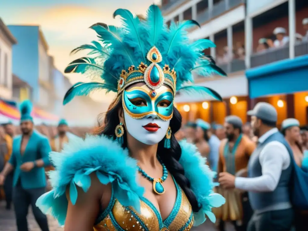 Pintura acuarela del Carnaval Uruguayo: baile vibrante y colorido Una colorida pintura acuarela del Carnaval Uruguayo con bailarines y espectadores, capturando la energía del festival