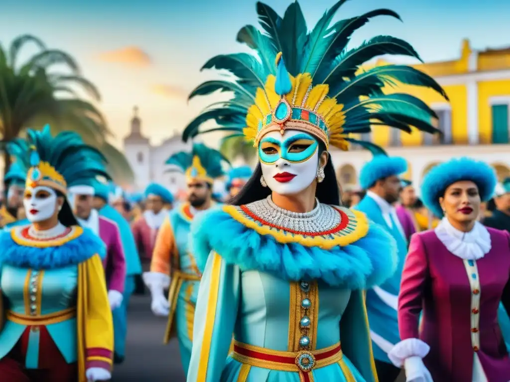 Deslumbrante Carnaval Uruguayo: danza, color y tradición Colorida pintura acuarela del Carnaval Uruguayo con detalles de disfraces y bailes en vibrantes colores frente a edificios coloniales y palmeras
