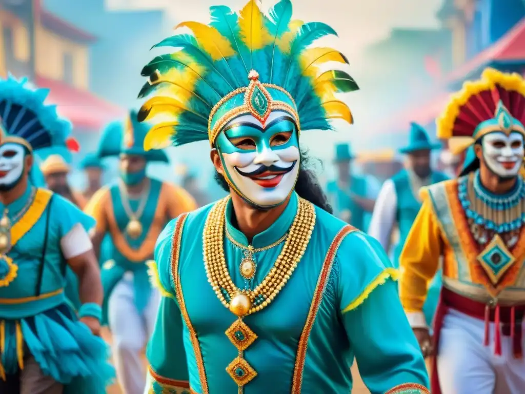 Vibrante escena de Carnaval: colorida celebración cultural Una colorida pintura acuarela del Carnaval, con trajes elaborados y música alegre